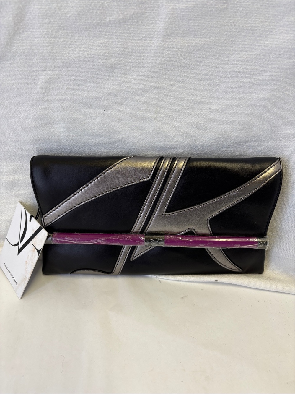 Diane Von Furstenberg 440 Black Silver Leather Envelope Clutch Bag Purse